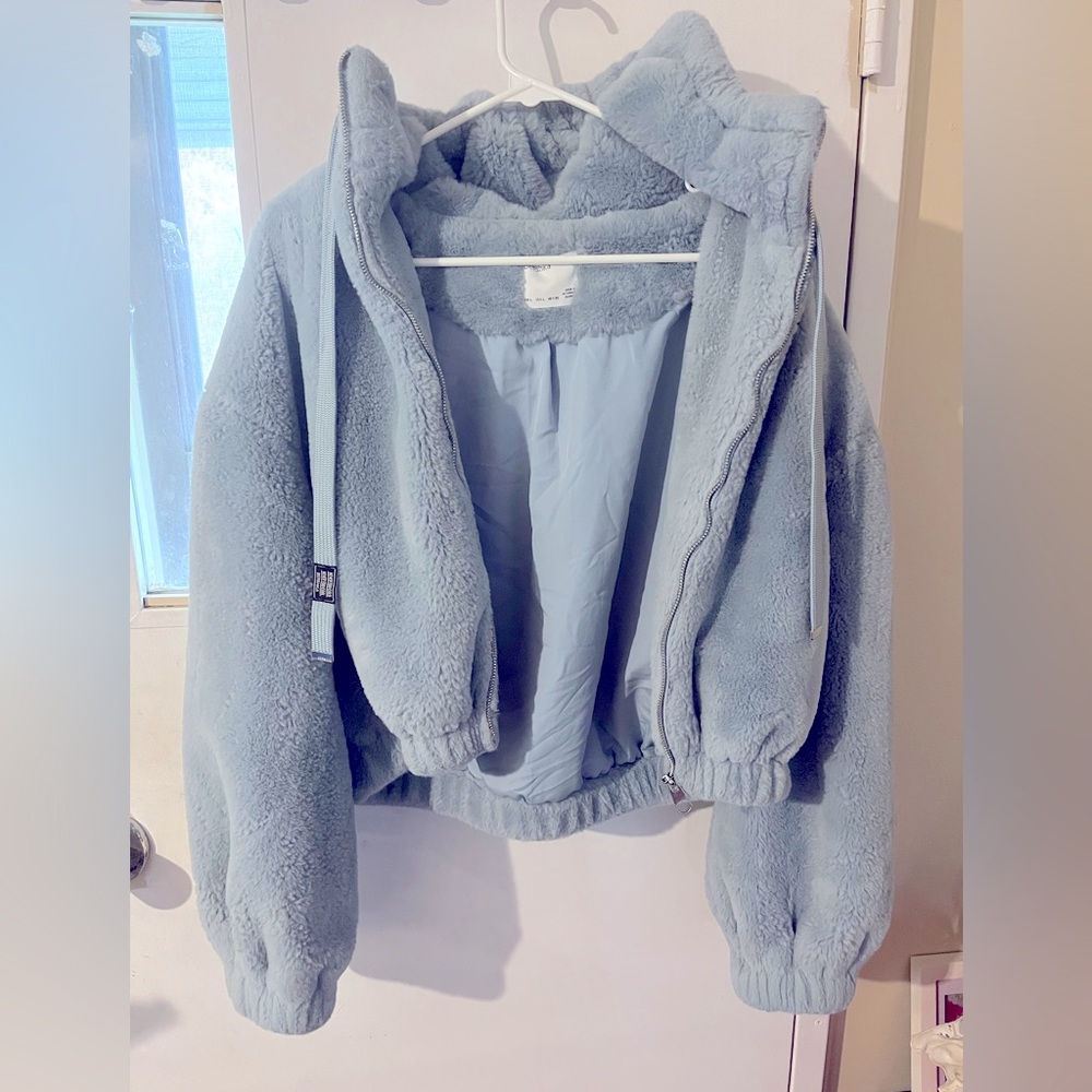 Bershka Brand Fuzzy Jacket with Hood